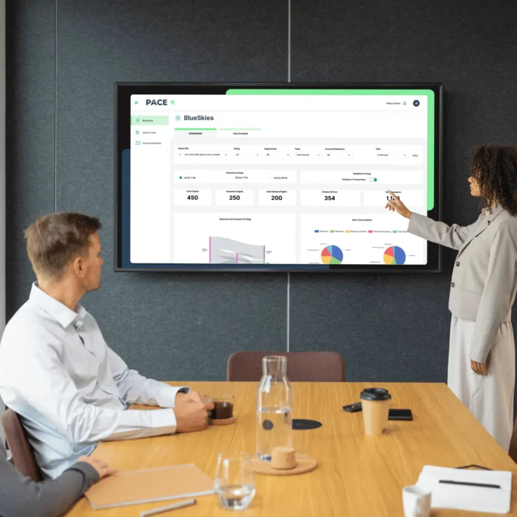 Team looking at reporting from PACE Blueskies - highly accurate carbon emissions reporting